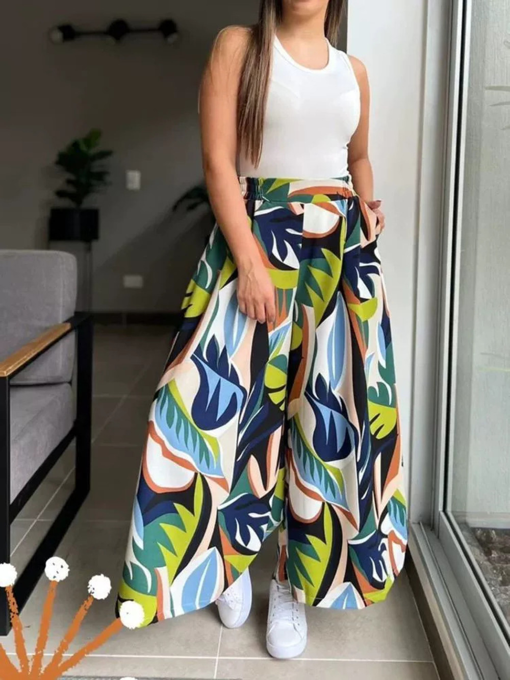 Forever 21 Spring Casual Printed Stretch High-Waist Wide-Leg Pants Relaxed